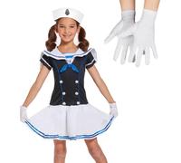 Edozos Children's Sailor Girls Fancy Dress Costume Set Hat + Dress + Gloves ~ School Play Book Week Themed Party Cosplay Navy Marine Yacht Outfits (10-12 Years)