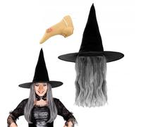 Edozos Halloween Witch Hat with Grey Hair + Witch Nose for Women, Party Cosplay Costumes Accessory Witches Wizard Halloween Masquerade Decorations Props for Adult