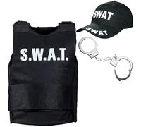 Edozos Kids Police Officer Costume Set | SWAT Team Role Play Fancy Dress Outfit with Printed T-Shirt, Cap, Badge, Handcuffs & Whistle | Halloween, Birthday Party, Pretend Play Cop Accessories