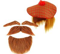 Edozos Men’s Scottish Tartan Tam-O-Shanter Hat with Ginger Hair Wig, Eyebrows, Beard & Moustache Set Fancy Dress Costume for Stag Nights, Theme Parties, Carnivals, Adult Highland Dress Accessories