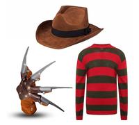 Edozos Men's Freddy Krueger Costume Jumper, Hat & Glove Claw Set | Official Nightmare on Elm Street Cosplay Outfit | Halloween & Fancy Dress (Red/Green Stripe)
