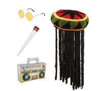 Edozos Rasta Costume Kit for Adults - Rasta Hat with Attached Dreadlocks Wig, Yellow Tinted Glasses, Fake Spliff & Inflatable Boom Box - Jamaican Caribbean Fancy Dress for Summer Party & Festival