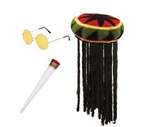 Edozos Rastafarian Costume Kit - Bob Marley Fancy Dress with Dreadlock Hat, Fake Spliff & Reggae Sunglasses for Men & Women - Jamaican Theme Party Outfit for Caribbean Beach, Halloween & Carnival