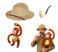 Edozos® Safari Pith Helmet Hat for Adults - Explorer Costume Set with Jungle Hat, Smoking Pipe & Inflatable Monkey - Hunter Adventurer Fancy Dress Accessory for Halloween, Parties, Role Play