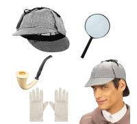 Edozos Sherlock Holmes Costume Set for Adults Victorian Detective Fancy Dress Accessories Kit with Deerstalker Hat, Magnifying Glass, Gloves & Fake Pipe - Perfect for Halloween, Themed Parties
