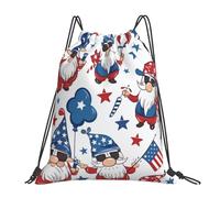 EDPXKL Gnome God Bless the Usa Lightweight Drawstring Backpack, Blue Red Star American Flag Pattern Waterproof Daypack Bag for Gym Travel Party, and Everyday Use