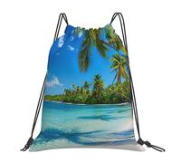EDPXKL Island Beach Scene Lightweight Drawstring Backpack, Tropical Palm Trees On Sunny Island Beach Scene Waterproof Daypack Bag for Gym Travel Party, and Everyday Use