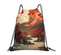 EDPXKL Mountain Painting Red Lightweight Drawstring Backpack, Jellyfish Sea Turtles Corals Ocean Coast Fish Waterproof Daypack Bag for Gym Travel Party, and Everyday Use