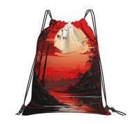 EDPXKL Red Sunrise Bamboo Lightweight Drawstring Backpack, Jellyfish Sea Turtles Corals Ocean Coast Fish Waterproof Daypack Bag for Gym Travel Party, and Everyday Use