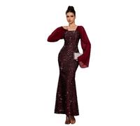 EDQPLL Women Sequin Prom Dress Evening Dress Bodycon Long Sleeve Maxi Gown Mermaid Evening Dresses Long Ball Gown with Slit(XL) Burgundy