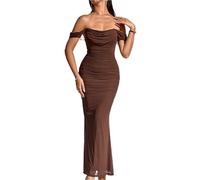 EDQPLL Womens Maxi Dress,Off The Shoulder Maxi Long DressCorset Ruched Bodycon Formal Wedding Guest Dresses(Brown,L)