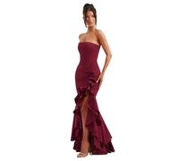 EDQPLL Women's Strapless Bodycon Flowy Maxi Dress,Sexy High Split Mermaid Prom Party Dresses(Burgundy,L)
