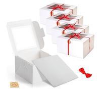 EDS Premium Quality Cake Box 10 Inch with Square Cake Board - Thick Cardboard Cake Boxes with PE Coating & Transparent Window - Ribbon and Sticker Included (PACK OF 4)