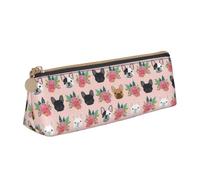 EdsfFehs French Bulldog and Flowers Print Triangle Leather Pencil Case,Smooth Zipper Portable Storage Pouch