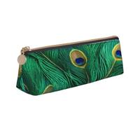 EdsfFehs Green Peacock Feather Print Triangle Leather Pencil Case,Smooth Zipper Portable Storage Pouch