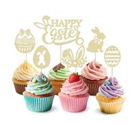 EDSG 6Pcs Easter Cupcake Toppers, Doule Side Glitter Easter Eggs Easter Bunny Cupcake Picks, Happy Easter Theme Cake Topper Easter Cake Decorations Party Supplies (Champagne Gold, Design 1)