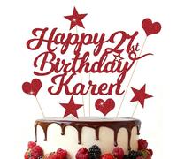 EDSG Happy Birthday Cake Topper, Personalised Cake Toppers, Double-Sided Glitter Birthday Party Decoration, Cake Topper 13th 16th 18th 21st 30th 40th 50th 60th 80th (Red)
