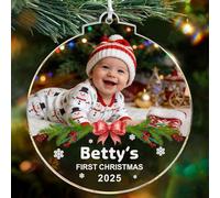 EDSG Personalised Babys First Christmas Bauble with Photo, Baby's 1st Christmas Bauble Tree Decoration, My First Xmas Baby 1st Ornament Gifts for Kids Boys Girls (Round, Design 3)