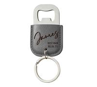 EDSG Personalised Bottle Opener Keyring, Stainless Steel & Leather Bottle Opener, Birthday Christmas Valentines Gifts for Him Husband Boyfriend, Wedding Best Man Groomsmen Gift (Grey, Design 2)