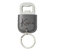 EDSG Personalised Bottle Opener Keyring, Stainless Steel & Leather Bottle Opener, Birthday Christmas Valentines Gifts for Him Husband Boyfriend, Wedding Best Man Groomsmen Gift (Grey, Design 1)