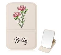 EDSG Personalised Compact Mirror Travel Mirror, Custom Makeup Mirrors with Birth Flower & Name, Pocket Mirrors Gifts for Women, Her, Mum, Wife, Birthday, Christmas, Bridesmaid Gifts (Beige)