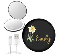 EDSG Personalised Compact Mirror with Light 1x/2x Custom Make Up Mirror Pocket Mirrors Gifts for Women Her Travel Mirror Double Sided Magnifying Cosmetic Mirrors Gifts (LED-Black)