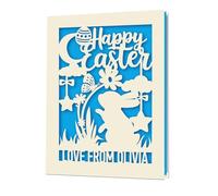 EDSG Personalised Easter Cards for Kids, Custom Happy Easter Card with Envelope, Laser Paper Cut Easter Cards for Children Family Granddaughter Grandson (Blue)