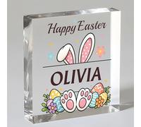 EDSG Personalised Easter Gifts for Kids, Acrylic Easter Sign Plaque, Happy Easter Egg Bunny Decorations Gifts for Babies Girls Boys Granddaughter Grandson from Mum Dad Nanny (Design 2)