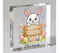 EDSG Personalised Easter Gifts for Kids, Acrylic Easter Sign Plaque, Happy Easter Egg Bunny Decorations Gifts for Babies Girls Boys Granddaughter Grandson from Mum Dad Nanny (Design 1)
