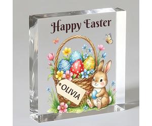 EDSG Personalised Easter Gifts for Kids, Acrylic Easter Sign Plaque, Happy Easter Egg Bunny Decorations Gifts for Babies Girls Boys Granddaughter Grandson from Mum Dad Nanny (Design 4)