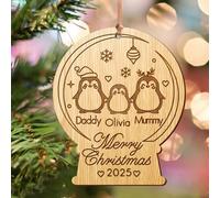 EDSG Personalised Engraved Wooden Christmas Tree Bauble Custom Xmas Decoration for Baby New Home Newly-wed Engraved Names of Family member Christmas Tree Ornament for Family(3 Penguins)