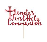EDSG Personalised First Holy Communion Cake Topper, Double Sided Glitter Holy Communion Cake Decorations, First Holy Communion Gifts for Boys Girls Daughter Granddaughter Grandson (Red)