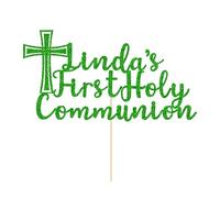 EDSG Personalised First Holy Communion Cake Topper, Double Sided Glitter Holy Communion Cake Decorations, First Holy Communion Gifts for Boys Girls Daughter Granddaughter Grandson (Green)