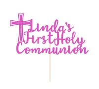 EDSG Personalised First Holy Communion Cake Topper, Double Sided Glitter Holy Communion Cake Decorations, First Holy Communion Gifts for Boys Girls Daughter Granddaughter Grandson (Pink)