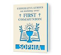 EDSG Personalised First Holy Communion Card, Communion Congratulations Card with Envelope, First Holy Communion Card Gifts for Boys Girls Daughter Granddaughter Grandson (Blue)