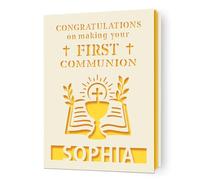 EDSG Personalised First Holy Communion Card, Communion Congratulations Card with Envelope, First Holy Communion Card Gifts for Boys Girls Daughter Granddaughter Grandson (Gold)
