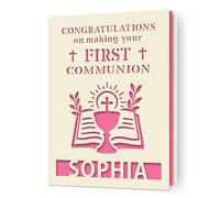 EDSG Personalised First Holy Communion Card, Communion Congratulations Card with Envelope, First Holy Communion Card Gifts for Boys Girls Daughter Granddaughter Grandson (Fuchsia)