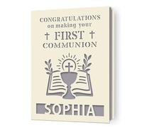 EDSG Personalised First Holy Communion Card, Communion Congratulations Card with Envelope, First Holy Communion Card Gifts for Boys Girls Daughter Granddaughter Grandson (Grey)