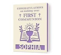EDSG Personalised First Holy Communion Card, Communion Congratulations Card with Envelope, First Holy Communion Card Gifts for Boys Girls Daughter Granddaughter Grandson (Lilac Purple)