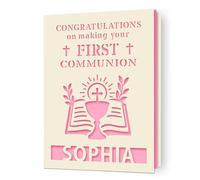 EDSG Personalised First Holy Communion Card, Communion Congratulations Card with Envelope, First Holy Communion Card Gifts for Boys Girls Daughter Granddaughter Grandson (Pink)