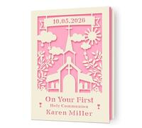 EDSG Personalised First Holy Communion Card, Custom Holy Communion Card with Envelope, 1st Holy Communion Cards for Boys Girls Daughter Son Granddaughter Grandson (Pink)