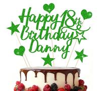 EDSG Personalised Happy Birthday Cake Topper, Custom Birthday Party Decoration, Double-Sided Glitter Cake Topper 13th 16th 18th 21st 30th 40th 50th 60th 80th (Green)