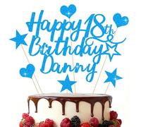 EDSG Personalised Happy Birthday Cake Topper, Custom Birthday Party Decoration, Double-Sided Glitter Cake Topper 13th 16th 18th 21st 30th 40th 50th 60th 80th (Blue)
