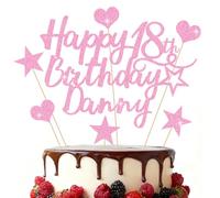 EDSG Personalised Happy Birthday Cake Topper, Custom Birthday Party Decoration, Double-Sided Glitter Cake Topper 13th 16th 18th 21st 30th 40th 50th 60th 80th (Baby Pink)