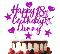 EDSG Personalised Happy Birthday Cake Topper, Custom Birthday Party Decoration, Double-Sided Glitter Cake Topper 13th 16th 18th 21st 30th 40th 50th 60th 80th (Purple)