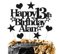 EDSG Personalised Happy Birthday Cake Topper Custom Party Decoration with Any Name Any Age Multicolour Glitter Cake Topper 13th 16th 18th 21st 30th 50th 60th 80th Hand Finished in UK(Black)