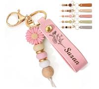 EDSG Personalised Keyring, Custom Beaded Daisy Keyring with Name & Birth Flower, Engraved Leather Keychain Key Chain Gifts for Women Birthday Mother's Day Christmas (Pink)