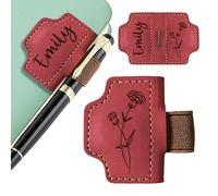 EDSG Personalised Magnetic Bookmark, Engraved Leather Bookmark Clip with Pen Holder, Custom Book Marks with Birth Flower Mothers Bookmarks Gifts for Men Women Teachers Christmas Birthday (Red)