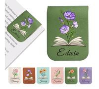 EDSG Personalised Magnetic Bookmark, Leather Name Bookmarks with Birth Flower for Book Lovers, Readers, Teacher, Students, Custom Book Mark for Women Men Christmas Birthday (Green)