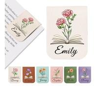 EDSG Personalised Magnetic Bookmark, Leather Name Bookmarks with Birth Flower for Book Lovers, Readers, Teacher, Students, Custom Book Mark for Women Men Christmas Birthday (Beige)
